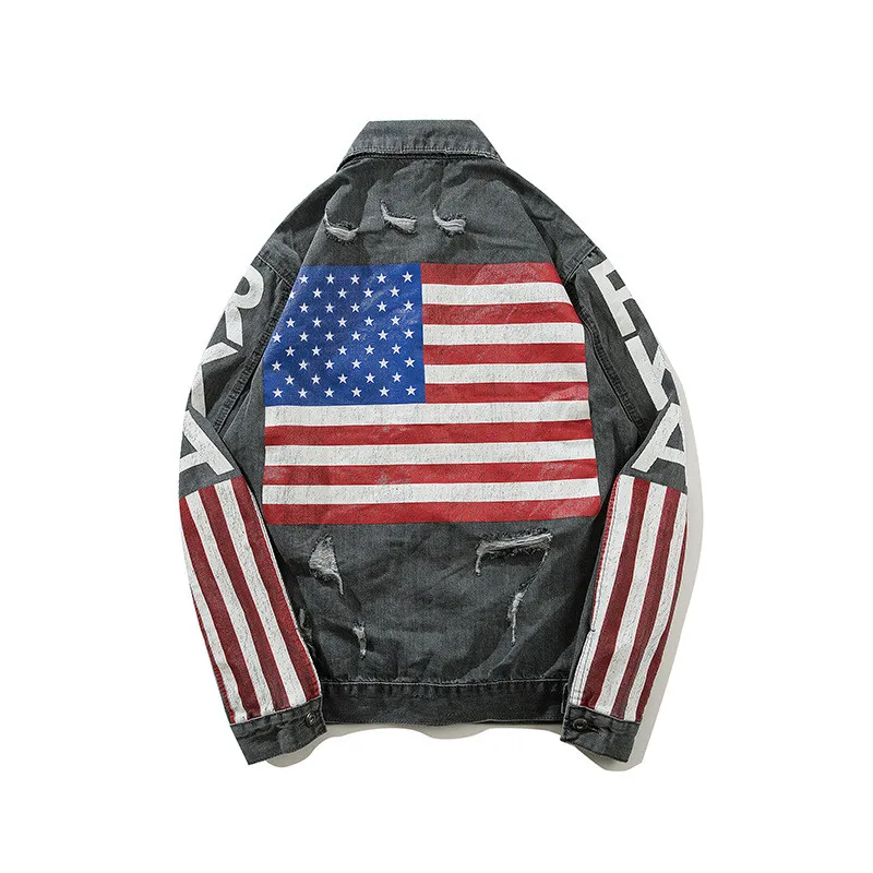 

KIMSERE Men's Fashion Hi Street Printed Ripped Jean Jackets Streetwear Destroyed Denim Trucker Jacket Outerwear For Male S-XXL