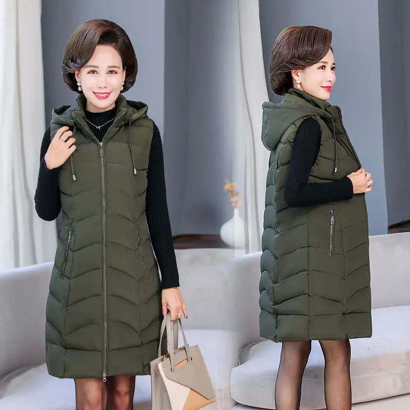 

Middle-aged Mother Winter Down cotton Vest Jacket Thick Parka Hooded Women Sleeveless Long Coat Plus size 6XL Casual Waistcoat