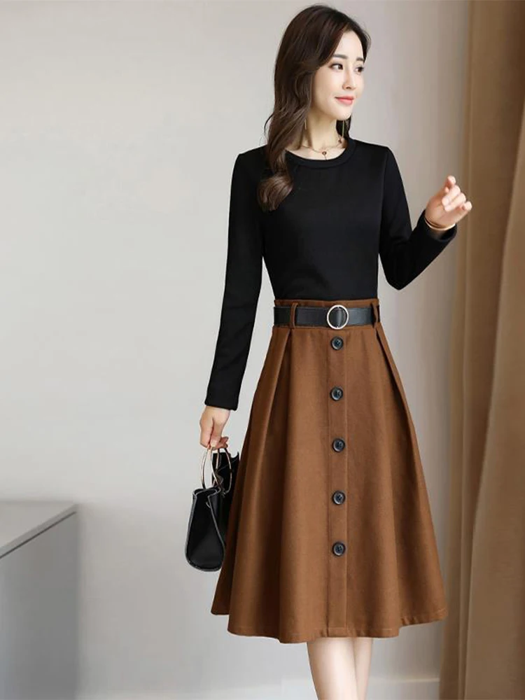 

Women's Spring Autumn Style Dress Women's Patchwork O-Neck Long Sleeve Button Up Elegant Dress AA3382