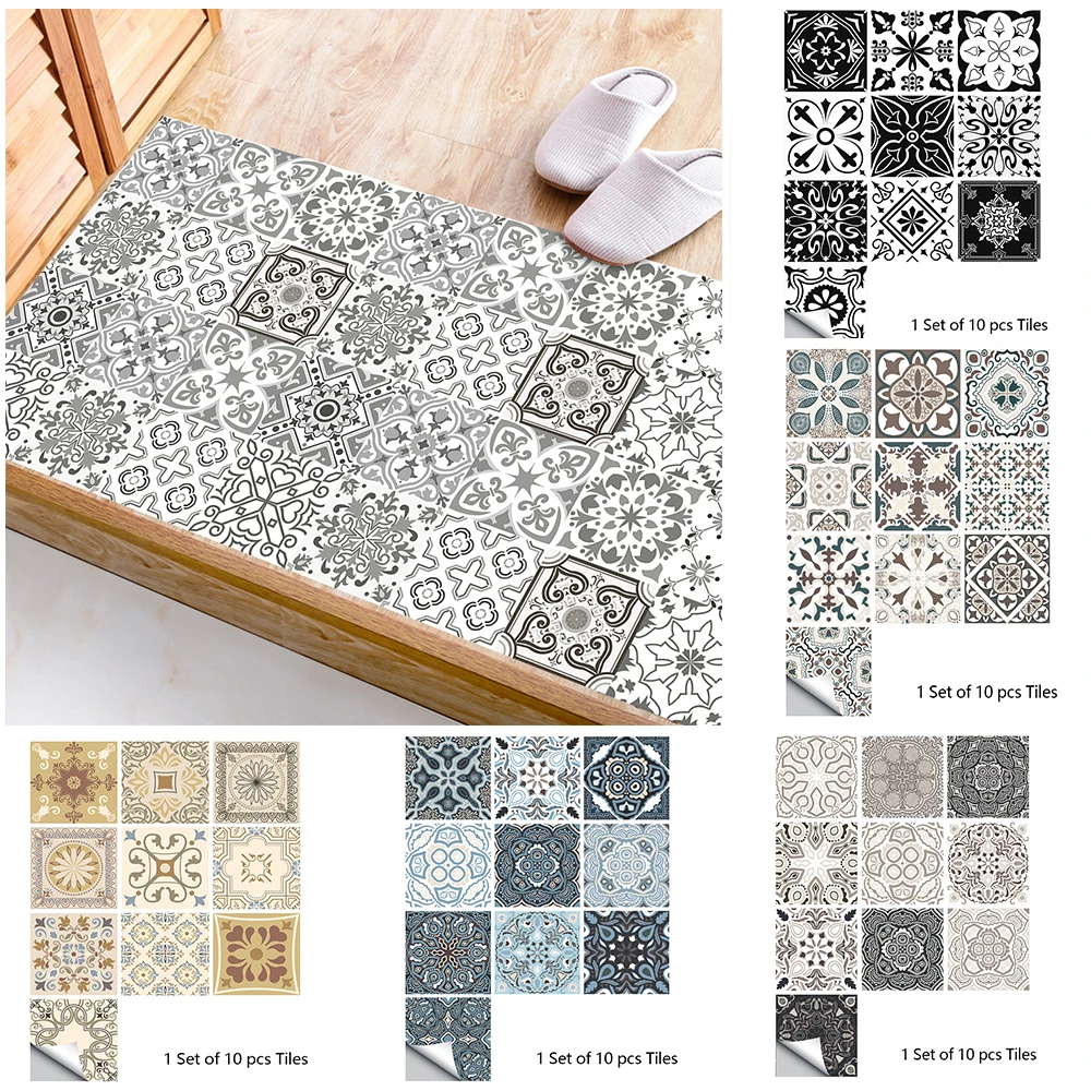 

10pcs Gray Retro Pattern Matte Surface Tiles Sticker Transfers Covers for Kitchen Bathroom Tables Floor Hard-wearing Wall Decals