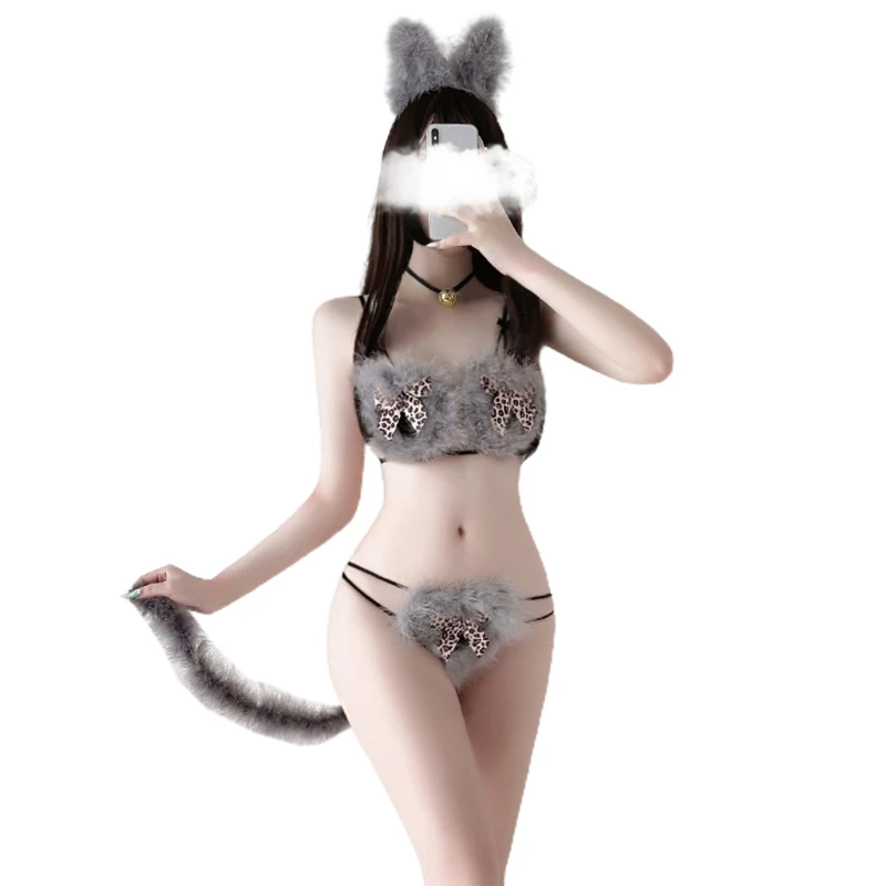

X3UE 4Pcs Three-point Cute Sexy Halloween Cosplay Costumes for Womens Lingerie Bra Set Temptation Bikini Plush Passion Outfit