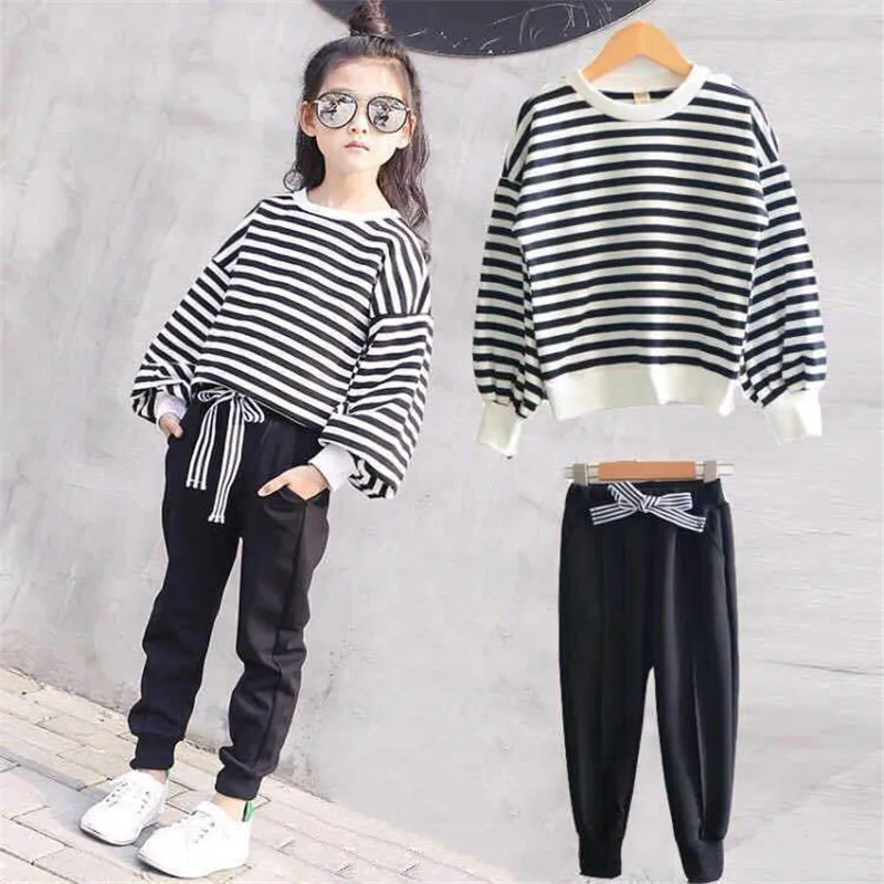 

ZWY586 Teenager girl fashion lantern sleeve Striped tops + black pants 2pc Tracksuit Children's Clothing Sets Kids Sprot Clothes