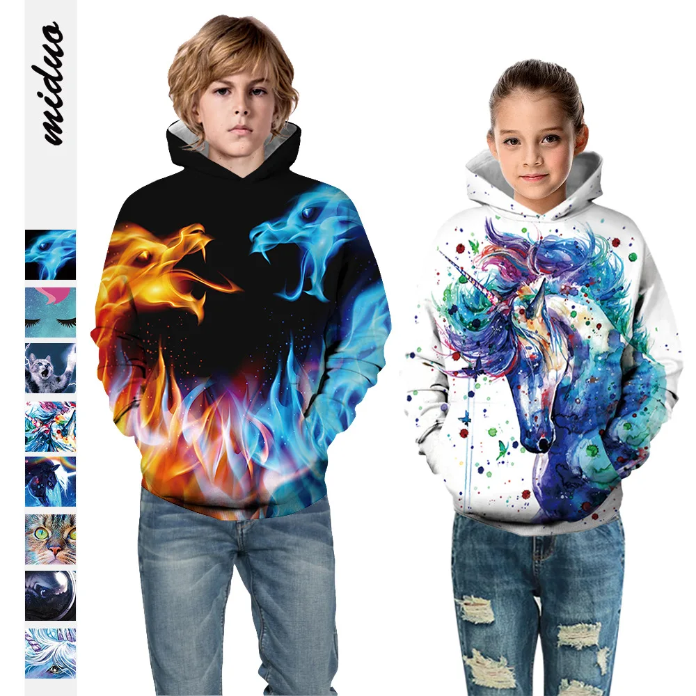 

2021 new unicorn 3D digital printing children's clothing loose tide brand hooded long-sleeved sweater spring and autumn