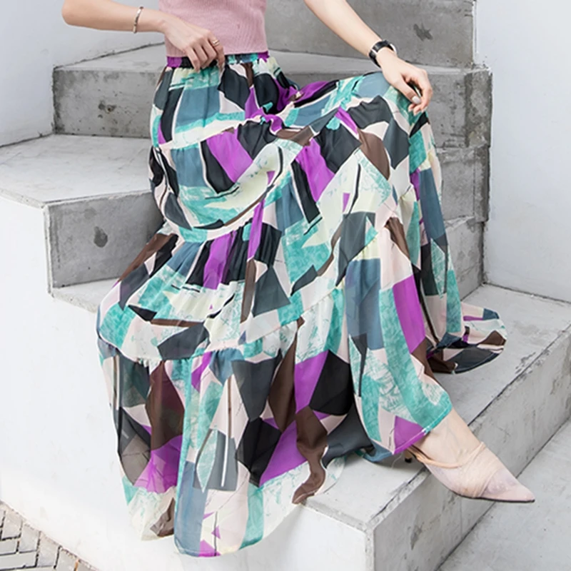 

Women Ruched High Waist Pleated Floral Print Skirt Summer 2020 Casual Party Flare A-Line Long Skirt