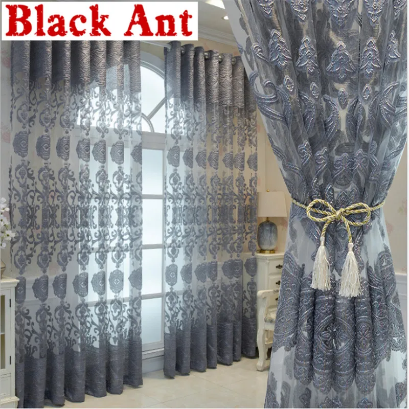 

Luxury Hollow Gray Tulle Curtain For Living Room Voile Sheer Fabric Embroidery European Sunscreen Kitchen Window Drapes X-JD1002