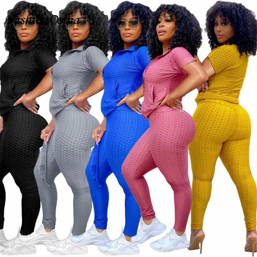 

2021 Spring Summer Casual Tracksuit Two Piece Set For Women Clothes Short Sleeve Top And Pants Sport Suit Jogging Femme Outfits