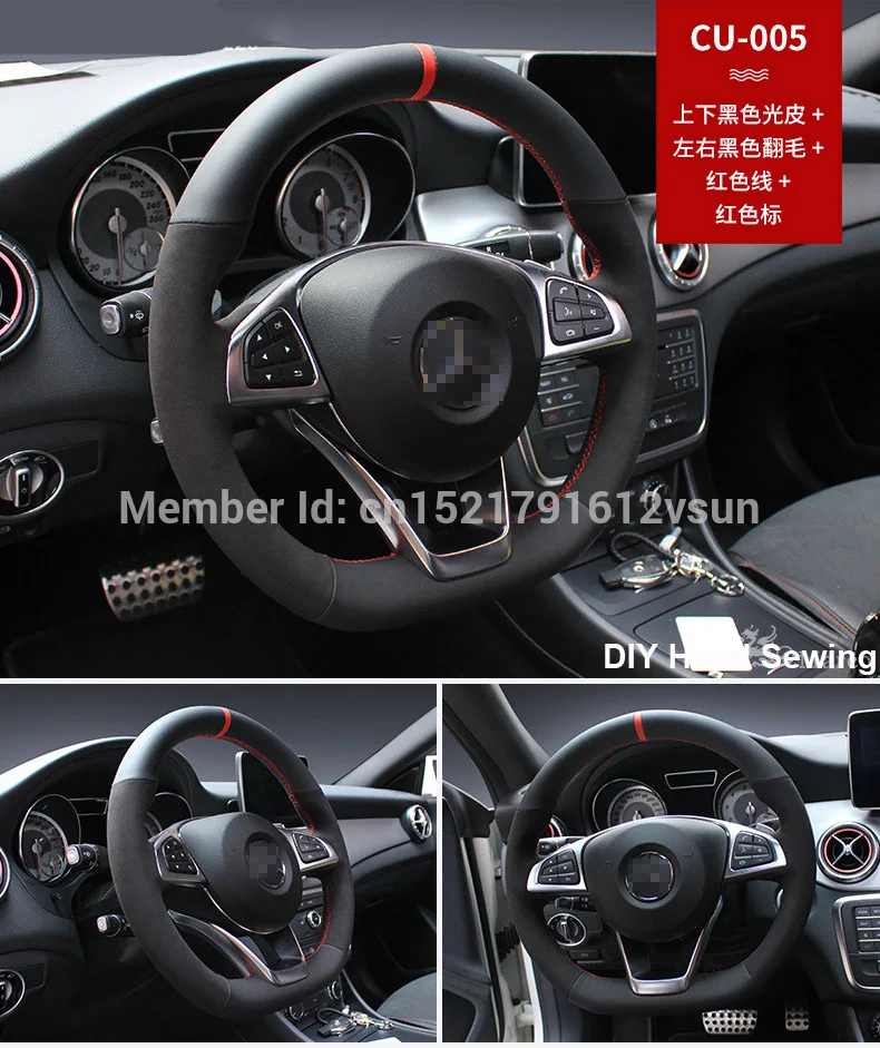 

For Benz CLA220 High Quality Hand-stitched Anti-Slip Black Leather Black Suede Red Thread DIY Steering Wheel Cover