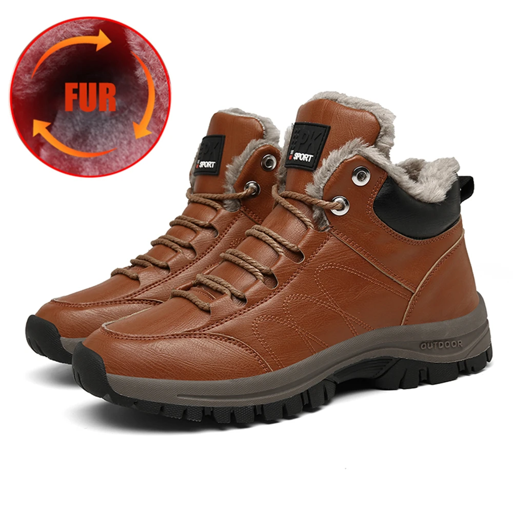 Мужские ботинки из натуральной телячьей кожи зимние теплые плюшевые кроссовки с