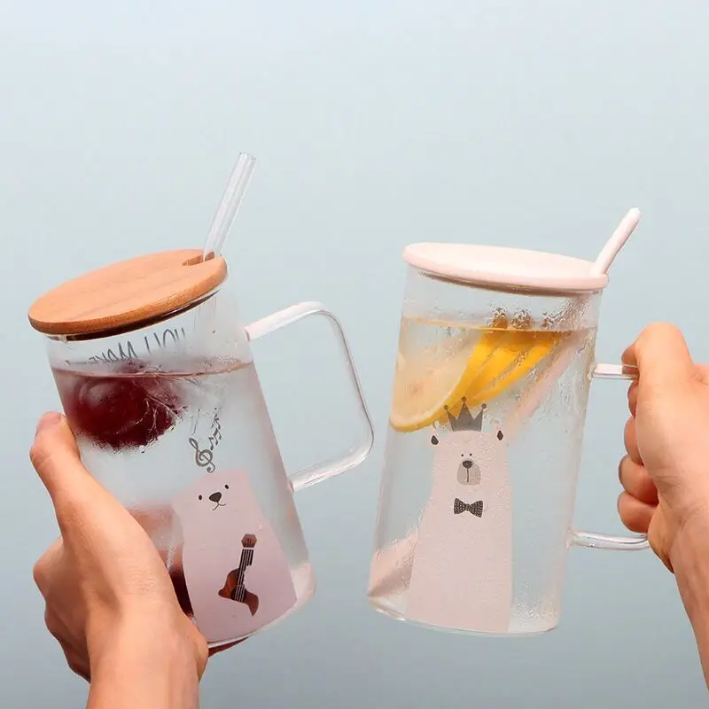 

High borosilicate glass Glass Cup Bear Pattern Transparent Glass Bottle Drinking tea cup with Straw with Lid Cute Large Capacity