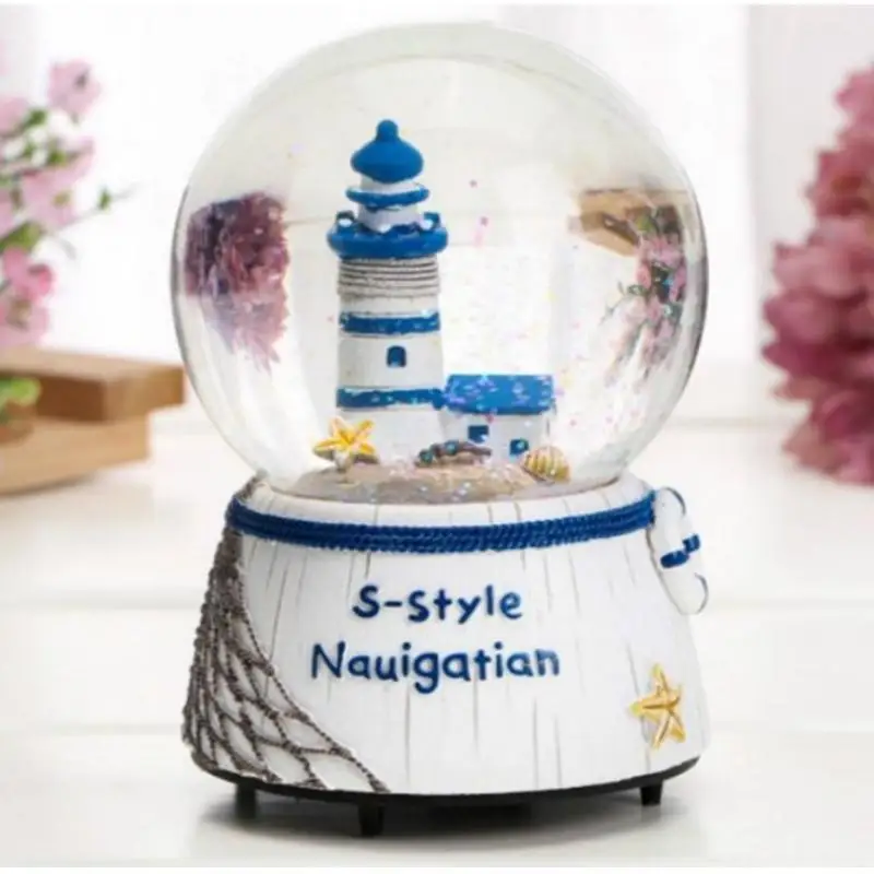 

Resin Music Box Crystal Ball Snow Globe Glass Lights With Speaker Sailing Lighthouse Crafts Desktop Decoration Christmas Gift