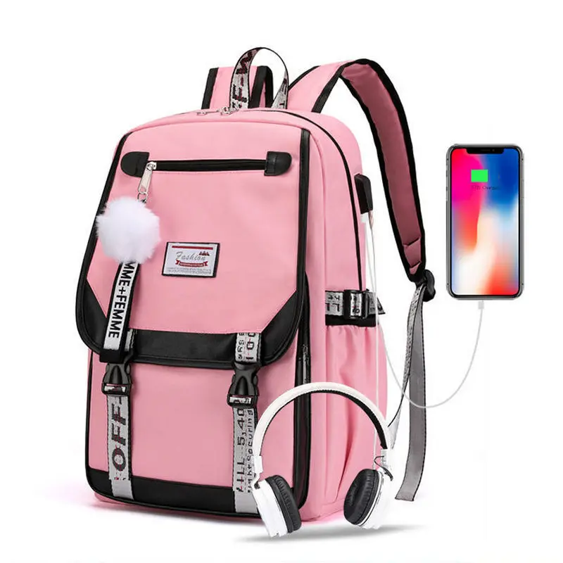 

Pink Backpacks Women School Bags for Girls Teenage Large Capacity Sweet Cute Hairball Back Pack Patchwork Nylon Bagpack USB Big