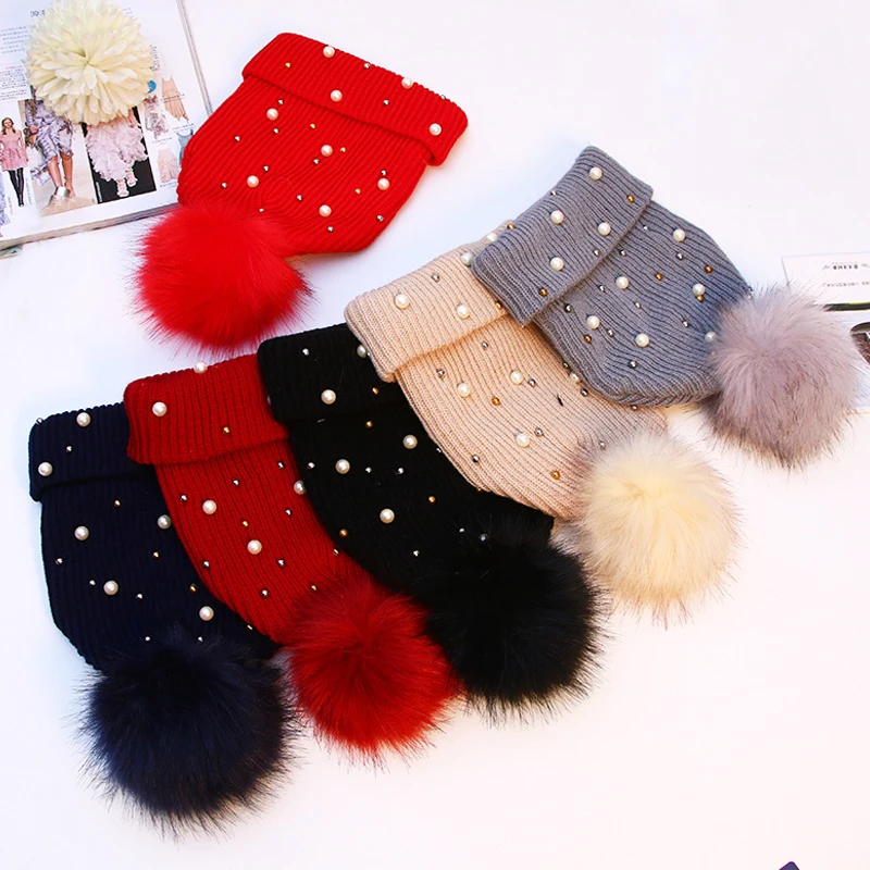 

шапка Fashion Pearl Beads Fur Pom Pom Winter Warm Knitted Hats Bonnet For Women Girls Skullies Beanie Hat Femme Cap Outdoor