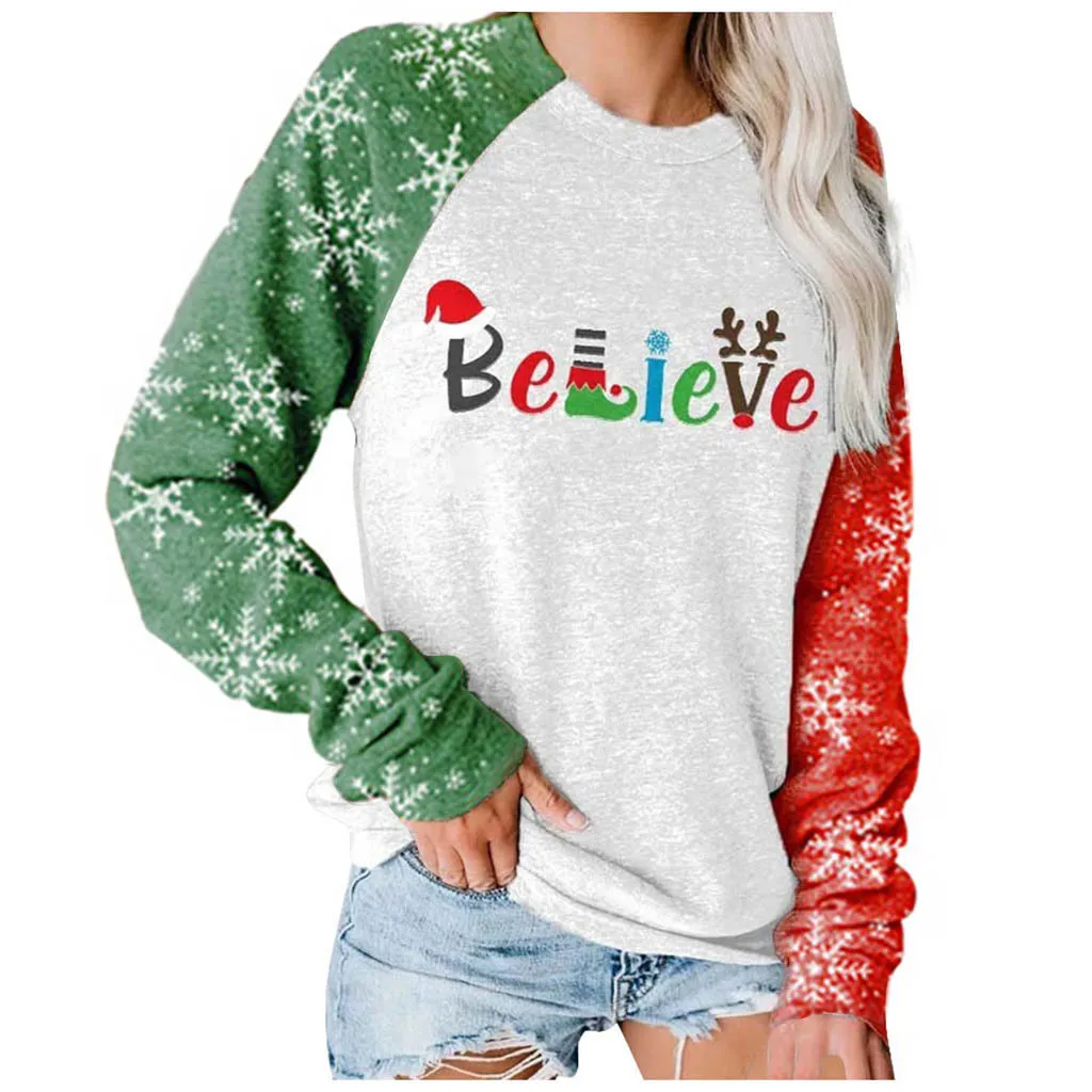 

Popular European and American Christmas print long-sleeved sweater T-shirt contrast color top women