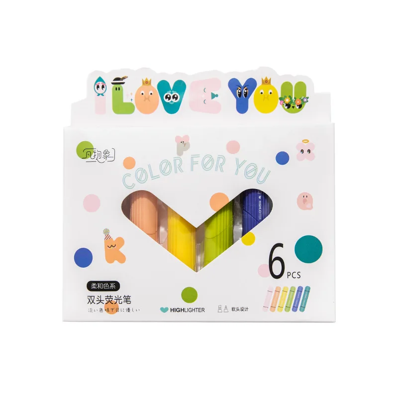

6Pcs/set Morandi-Color Heart Double-headed Highlighter Set Kawaii Creative Fluorescent Marker Pens Student School Stationery