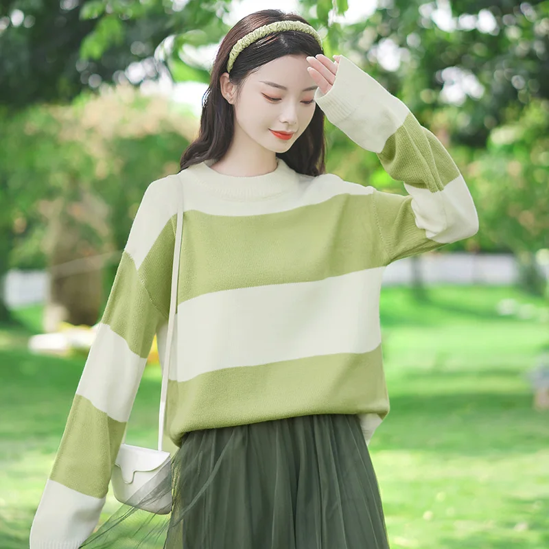 

Chic Khaki Autumn and Winter 2020 New Inner Bottoming Top Mixed Color Stripe Long-Sleeved Sweater Women's Loose Sweater Fashion