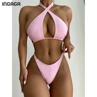 ingaga push up sexy bikini womens swimwear high waist swimsuits solid halter bathing suits high cut biquini female beachwear