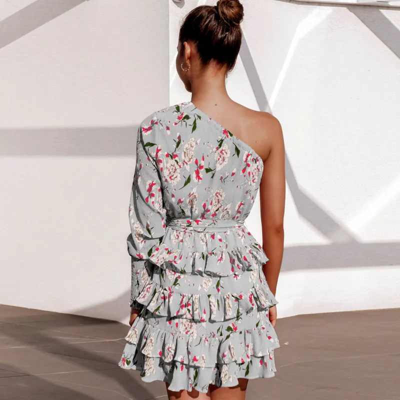 

ZOGAA 2019 Women Bohemian Chiffon Dress One Shoulder Floral Print Beach Dress Bud Bandage Party Mini Sundress Fashion Robe Femme