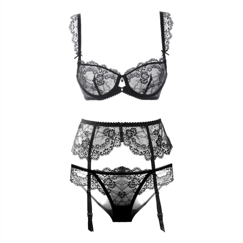 

Varsmiss 3pcs Women Lingerie Set Sexy Bra Set Underwire See Through Bra+Garter Belt+Lace Panties Underwear Set