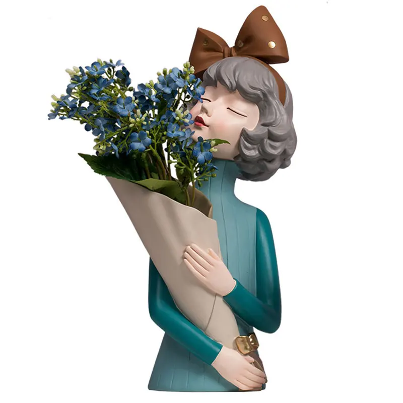 

Nordic Modern Cute Girl Holding Vase Statue Resin Dried Flower Vases Decoration Pot Home Office Bedroom Dining Table Ornaments