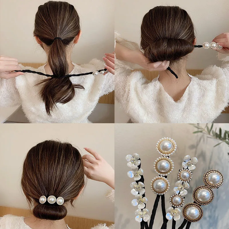 

New Pearls Magic Bun Maker Hairbands Donut Pearl Flower Hair Bands Fashion Girls DIY Hairstyle Headband Tools Accessories