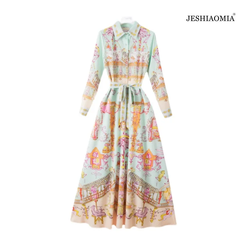 

JESHIAOMIA- 2021 Autumn Spread Collar Print Long Sleeve Maxi Dress