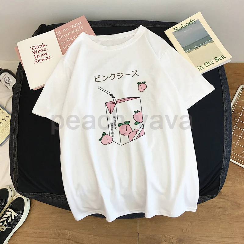 Женская футболка в стиле Харадзюку с принтом персикового сока kawaii Ulzzang забавные