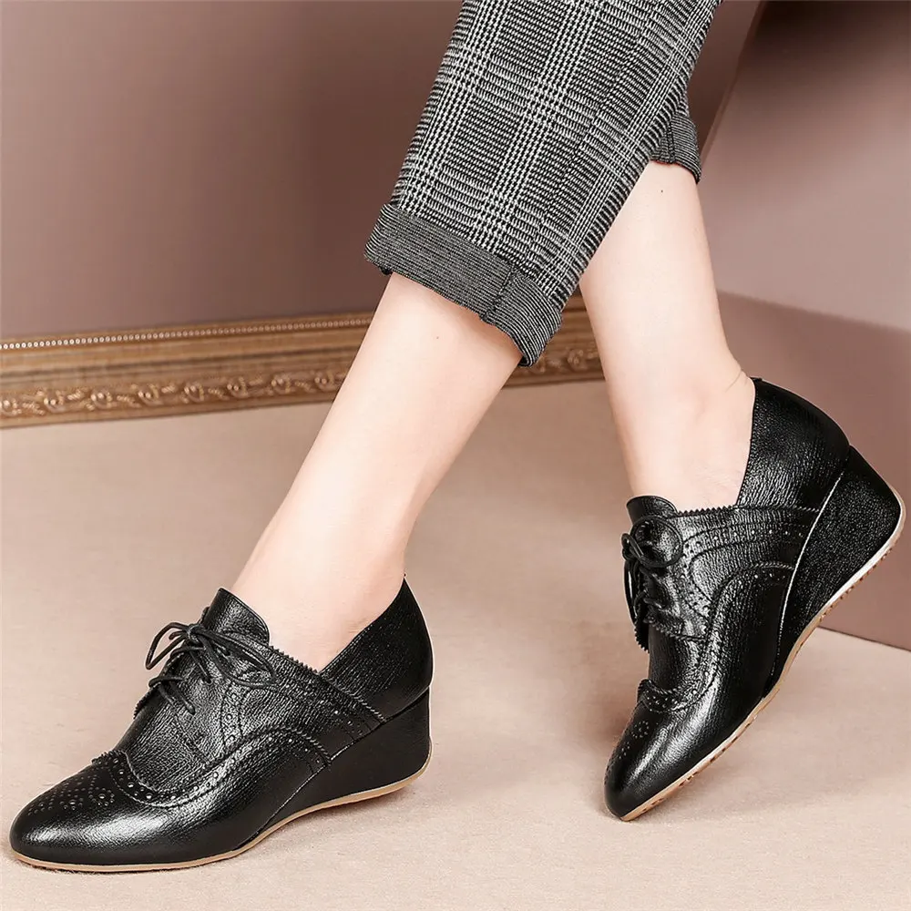 Harga Sepatu Oxford Kasual Wanita Berenda Kulit Asli Wedges Sepatu Bot Pergelangan Kaki Perempuan Ujung Bundar Rendah Atas Sepatu Pump Ukuran AS 3-Ukuran AS 10.5