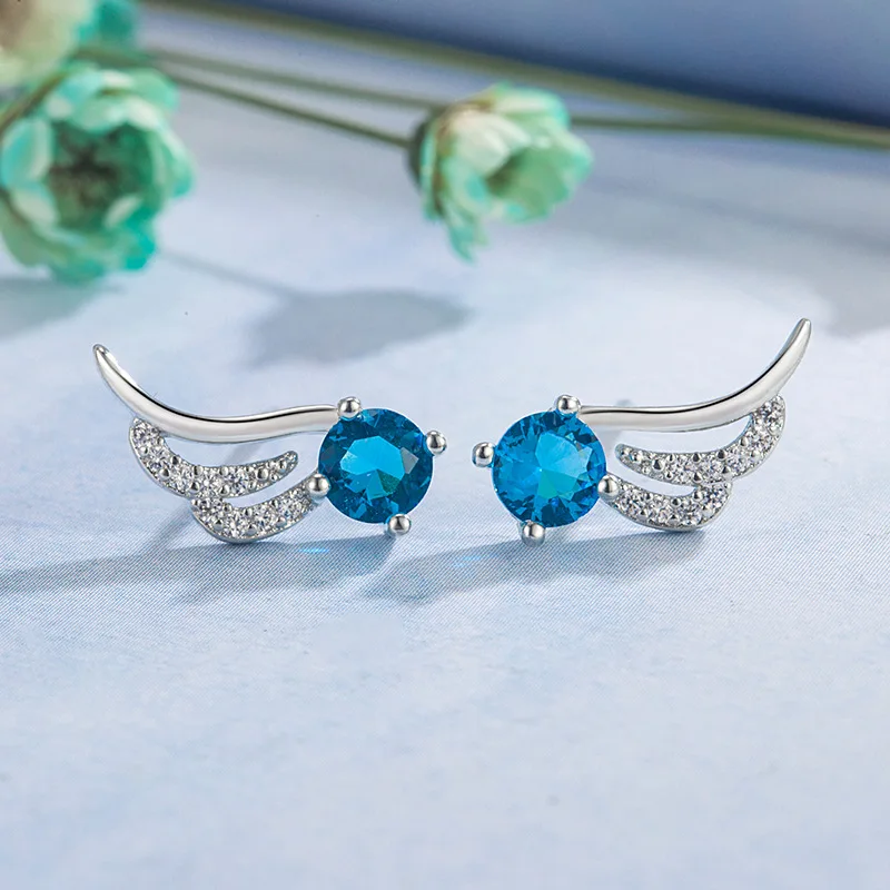 

Simple Trendy Blue Zircon Wings Sstud Earrings for Women 925 Silver Ball Ethnic Anniversary Gifts Jewelry Free Shipping Earring