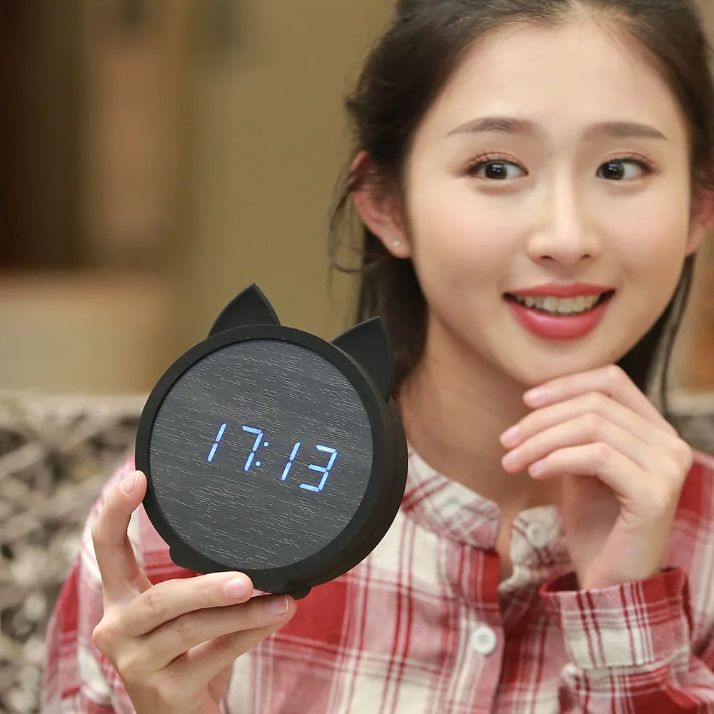 Светодиодный цифровой будильник Cat деревянный электронный светодиодный