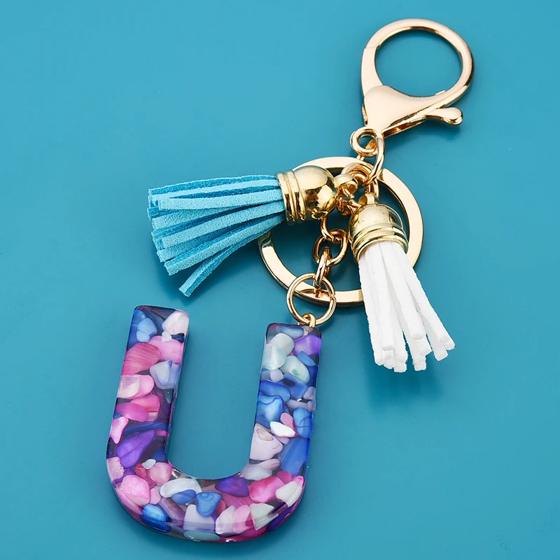 

Cute Leather Tassel Alphabet Car Luxury Key Chain Resin Initial 26 Letters for Women Bag Custom Key Ring EH1013A