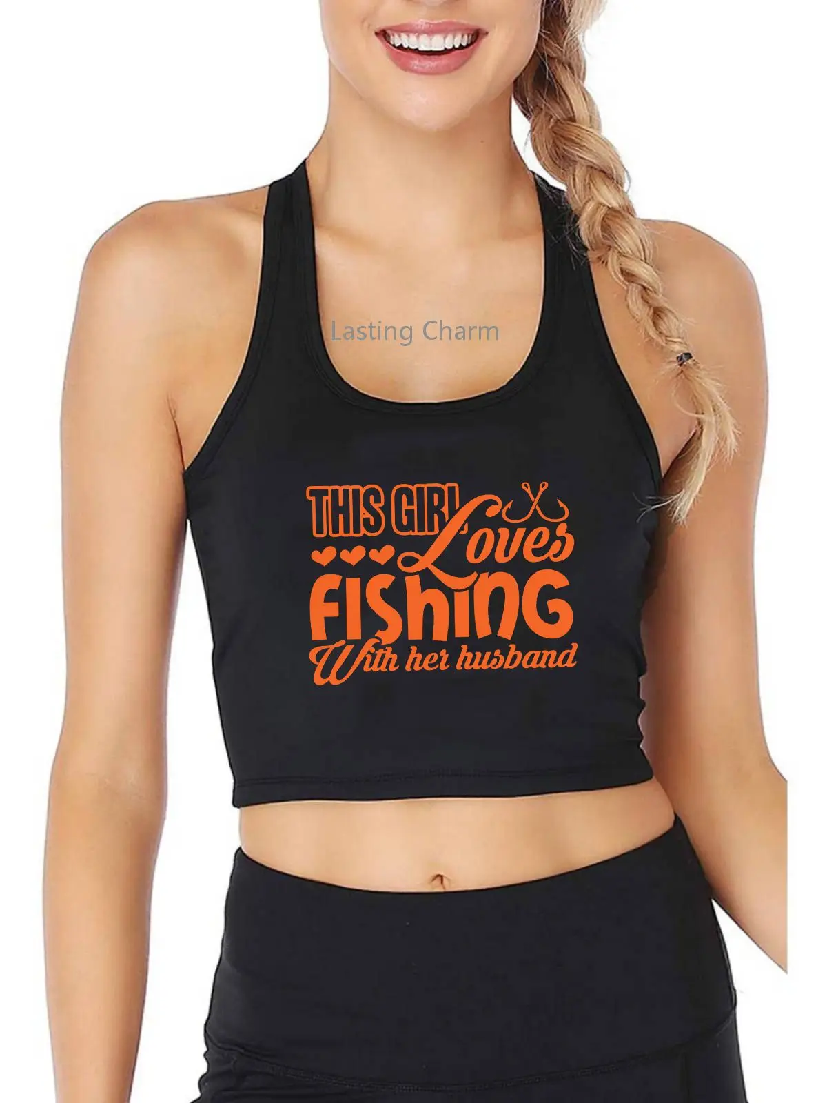 

Loves Fishing With Husband Print Tank Top Women's Yoga Sports Workout Crop Top Gym Tops