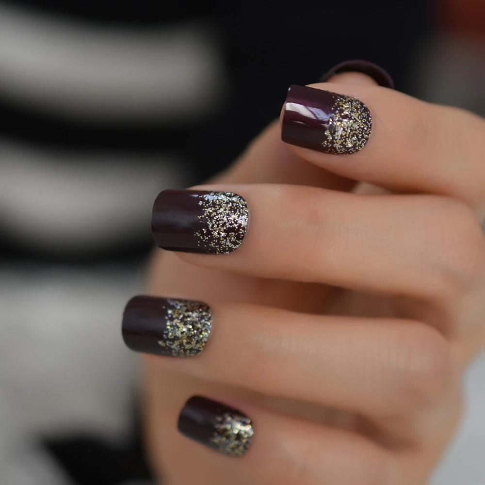 Dark claret-colored Shimmer Glitter Fake False Nails Full Cover Square Press on Artificial UV Nail Manicure Free Glue Sticker | Красота и