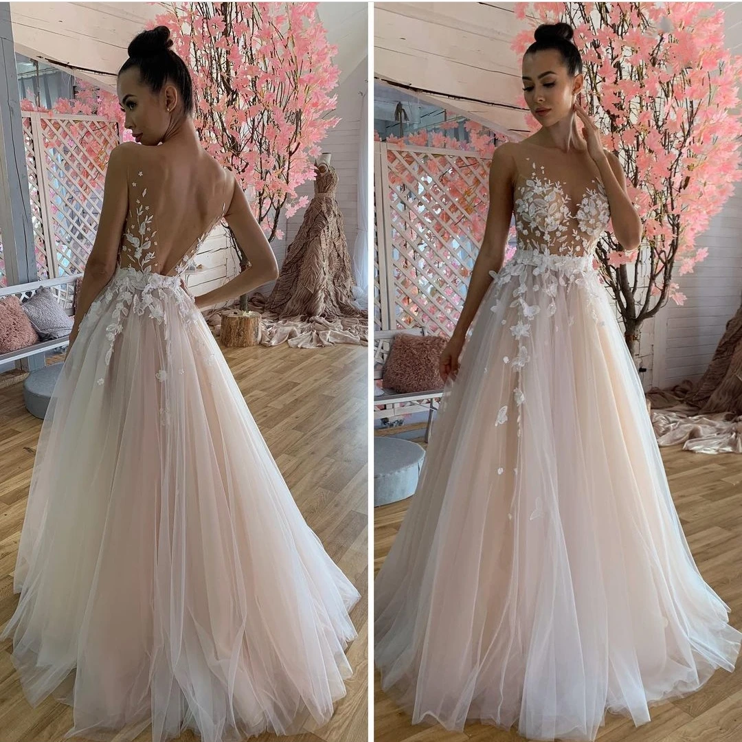 

Wedding Dresses A-Line Deep V-Neck Sleeveless Lace Appliques Illusion Tulle Floor Length Court Train Bridal Gowns Robe De Mariee