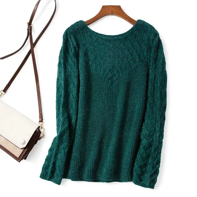 2019 New Early Autumn Hollow Stitching Wool Lace Flower Out Four-colors O Neck Sweater | Женская одежда