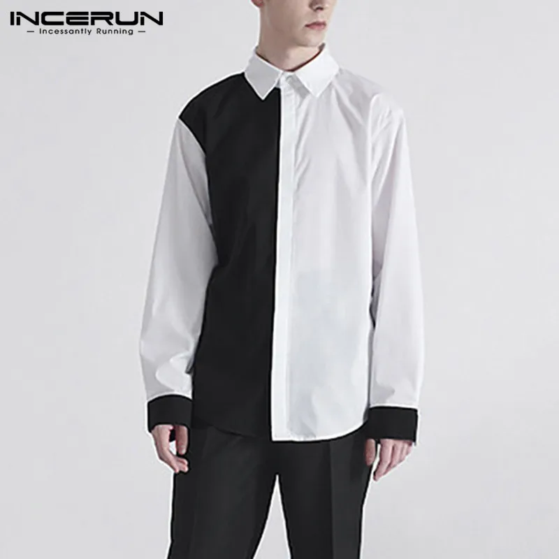 

Модная Лоскутная Блузка с длинным рукавом и отложным воротником INCERUN, мужская рубашка, Весенняя Мужская рубашка на пуговицах, черная и белая...