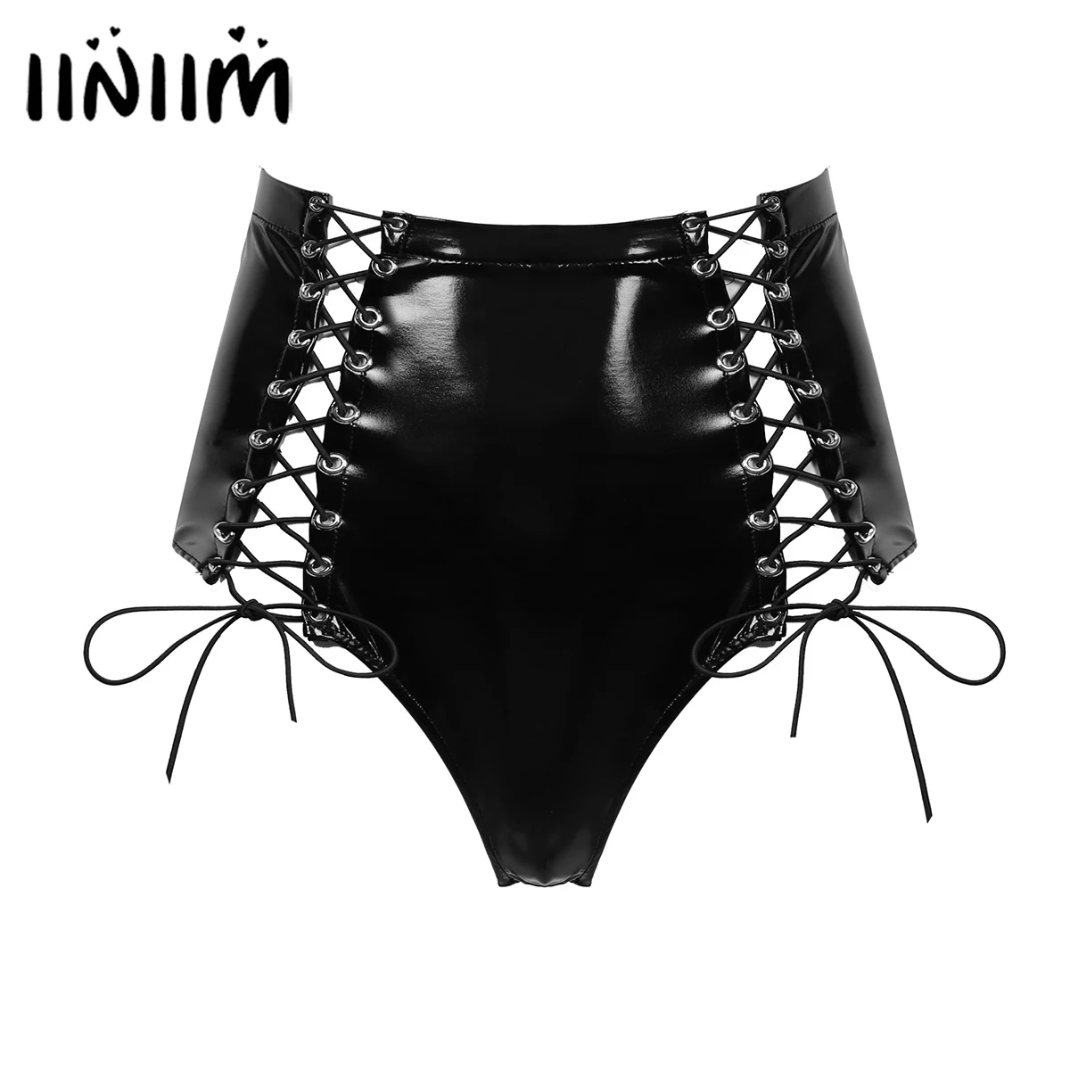 

Женские пикантные трусики iiniim с высокой талией, из лакированной кожи, на шнуровке спереди, на молнии сзади, Горячие Штаны, шорты для выступле...