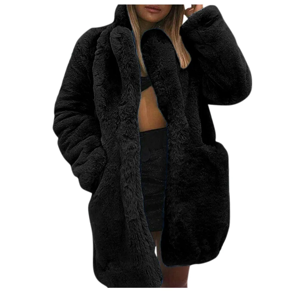 Winter Women Faux Fur Coat Solid Long Sleeve Jacket Cardigan Pock Overcoat Warm Outwear Yellow Pink Blue Wine Black Fur Coat - Цвет: Черный