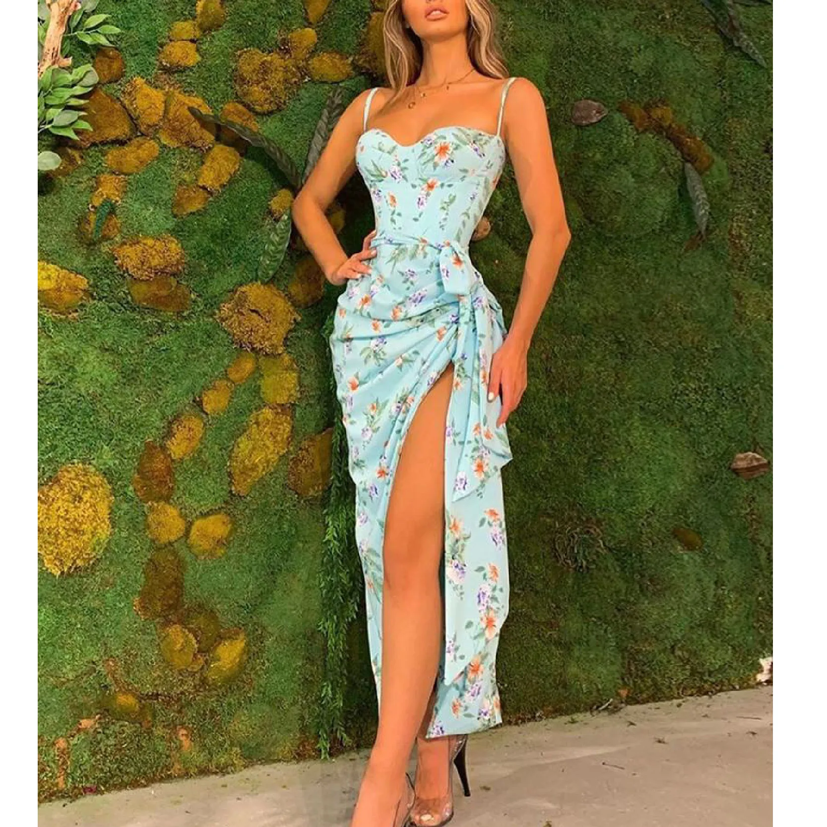 

2021 Summer New Ladies Dress Sexy Sling Slim Print Slit Dress