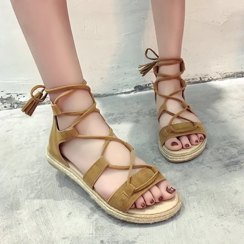 

Women Flat Sandals 2021 Spring Summer Classic Ankle Strap Open Toe Sandals Ladies Casual Cross-tied Beach Shoe Sexy Cover Heel