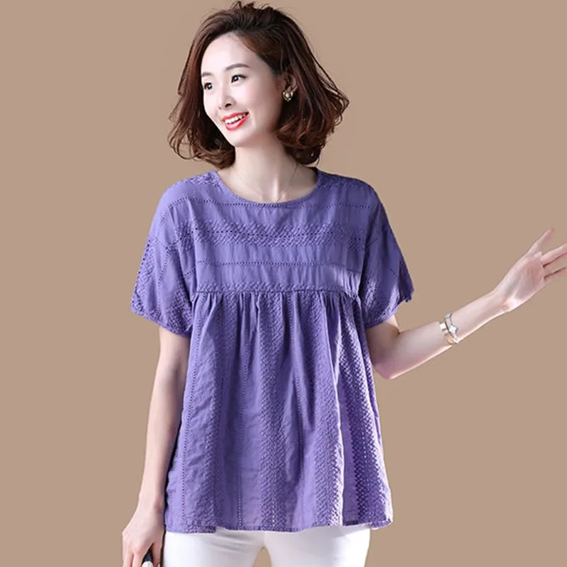 High Quality Cotton Shirt Women Summer Loose Casual Tops New 2020 Korean Style Hollow Out Embroidery Woman Blouses Shirts P1254