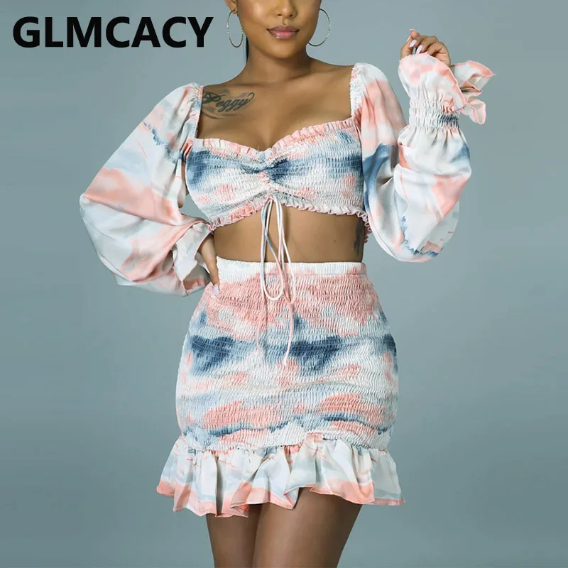 

Two Pieces Sets Women Off Shoulder Top & Ruffle Design Pleated Skirts