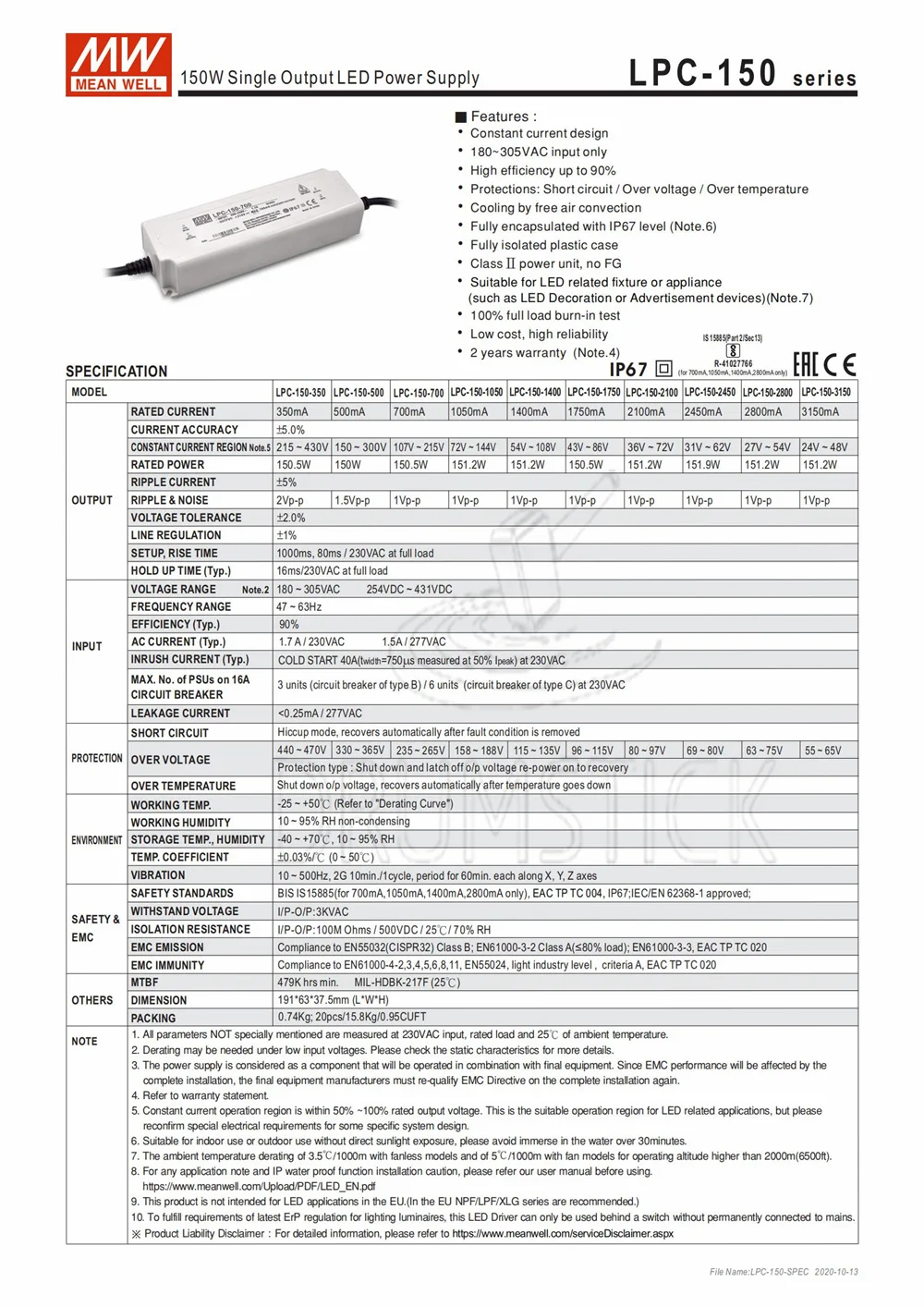 Специальные предложения означает хорошо LPC-150-3150 48V 3150mA meanwell LPC-150 151 2 W одиночный