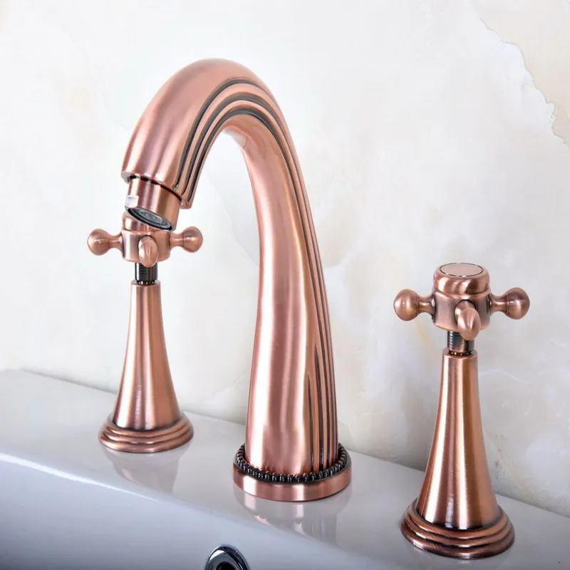 

Antique Red Copper Brass Deck Mounted Dual Handles Widespread Bathroom 3 Holes Basin Faucet Mixer Water Taps mrg076