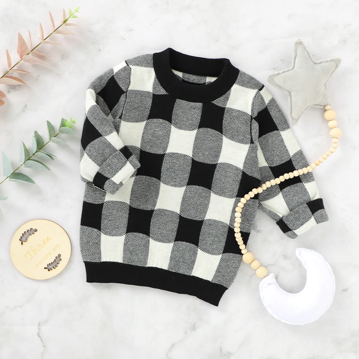 

pudcoco Baby Boys Girls Korean Long-sleeved Knitted Top Autumn and Winter Fashion Plaid Pattern Pullover Knitwear 3-24 Months