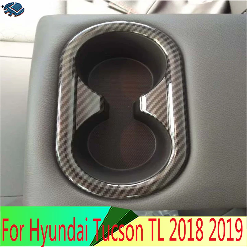 

For Hyundai Tucson TL ix35 2018 2019 Carbon Fiber Style Rear Seat Drink Cup Holder Chrome Trim Cover Bezel Surround Frame