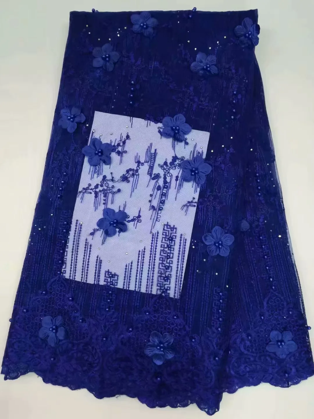 

Blue lace fabric with beads 3D flower lace applique wedding dress latest African lace for lady FY30501