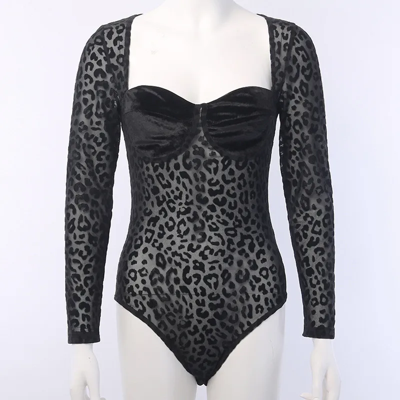 

Kalenmos Mesh Leopard Mesh Bodysuit Black Sexy Bodysuit for Women Square Collar Long Sleeve Bodysuits One Piece Body Female 2021