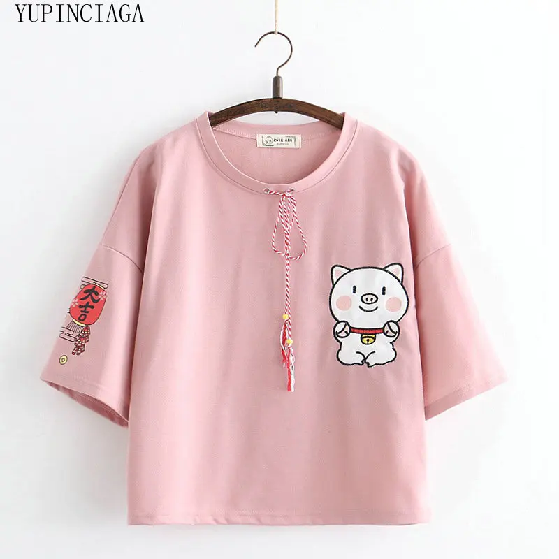 

Japanese Mori Women's O-Neck Pig Print Harajuku T Shirt Women Summer Short Sleeve Female Student Tops Tee For Girls YUPINCIAGA