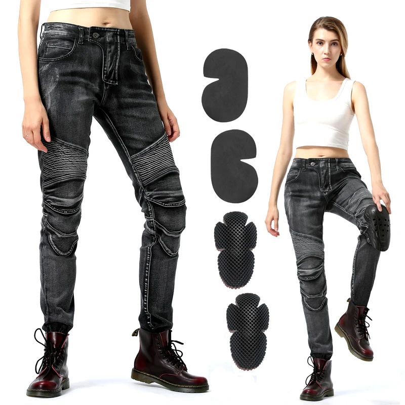 2021 NEW fashion MOTO pants Motorbike Jeans Woman stretch Silver and black jeans motorcycle pants with protector Armor Knee