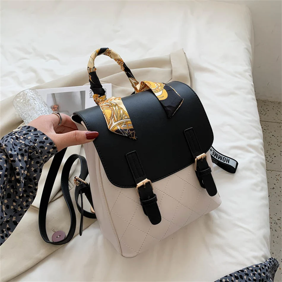 

Women Fashion Backpack with Detachable Shoulder Strap High Quality Leather Handbag Stitching Color Travel Shoulder Bag for Girls